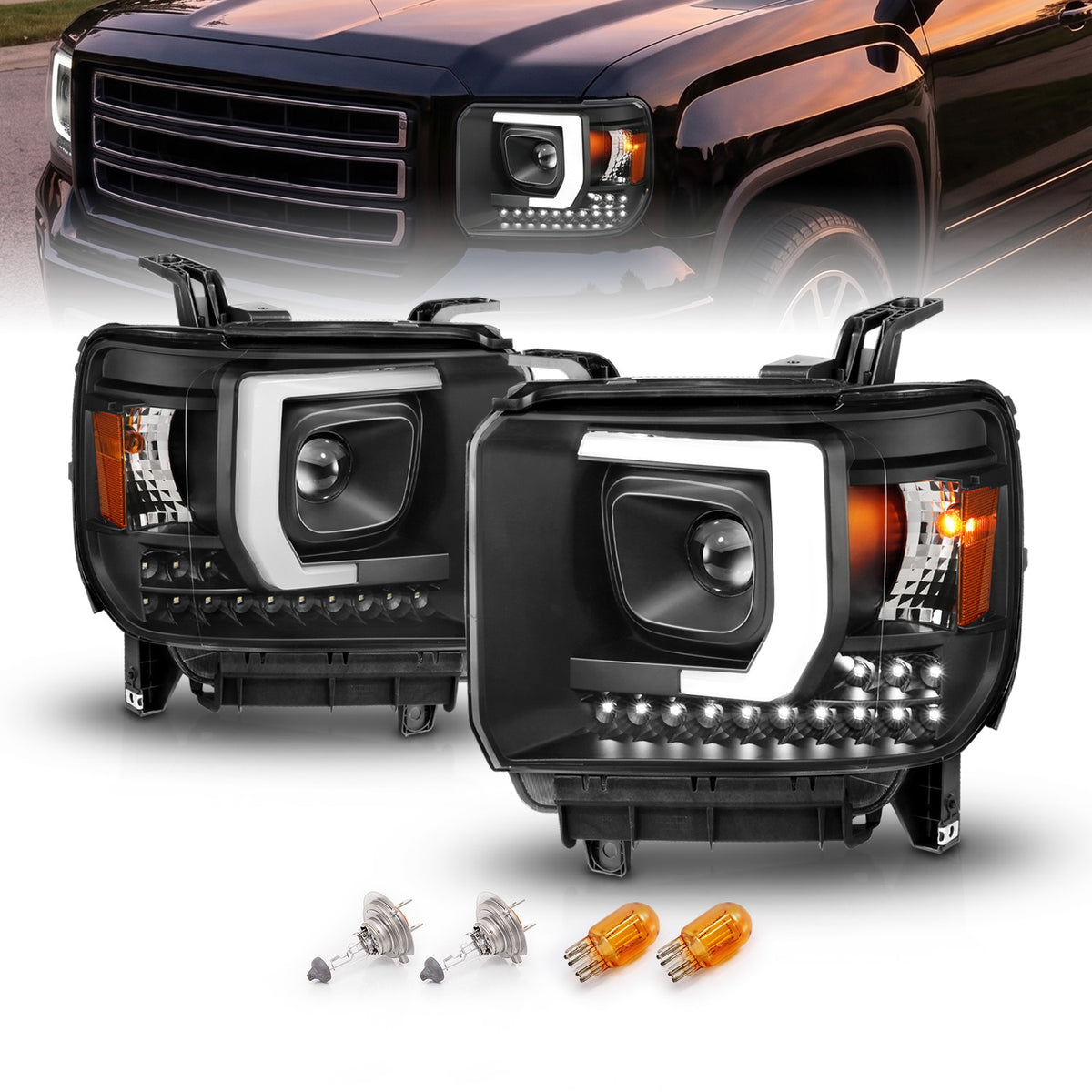 GMC SIERRA 1500 14-15 /2500HD/3500HD 15-19 PROJECTOR LIGHT BAR STYLE HEADLIGHTS BLACK W/ DRL HALOGEN TYPE MODEL W/O FACTORY DRL)