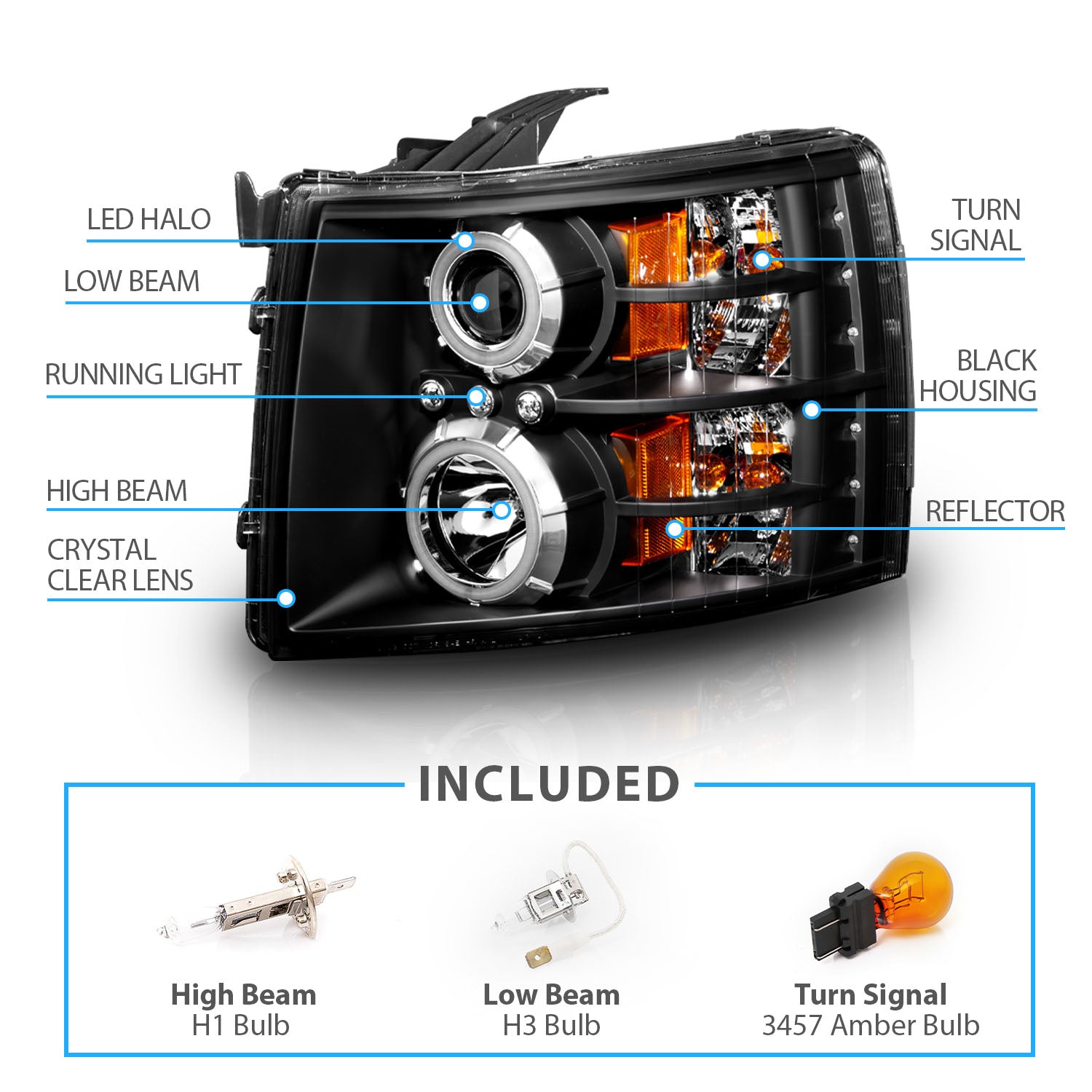 CHEVY SILVERADO 07-13 PROJECTOR HEADLIGHTS BLACK CLEAR (RX HALO)