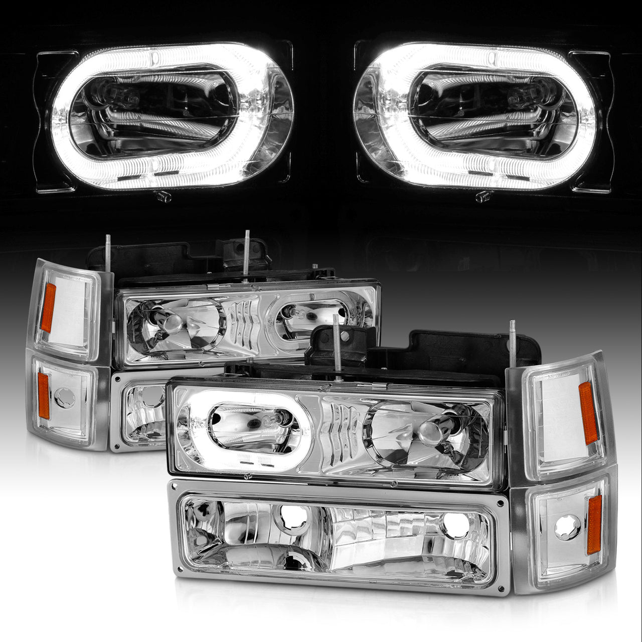 CHEVY CK / C10 /SILVERADO/ TAHOE / SUBURBAN/BLAZER 94-98 CRYSTAL HEADLIGHTS HALO CHROME HOUSING  W/ SIGNAL & SIDE MARKERS AMBER (8PCS)