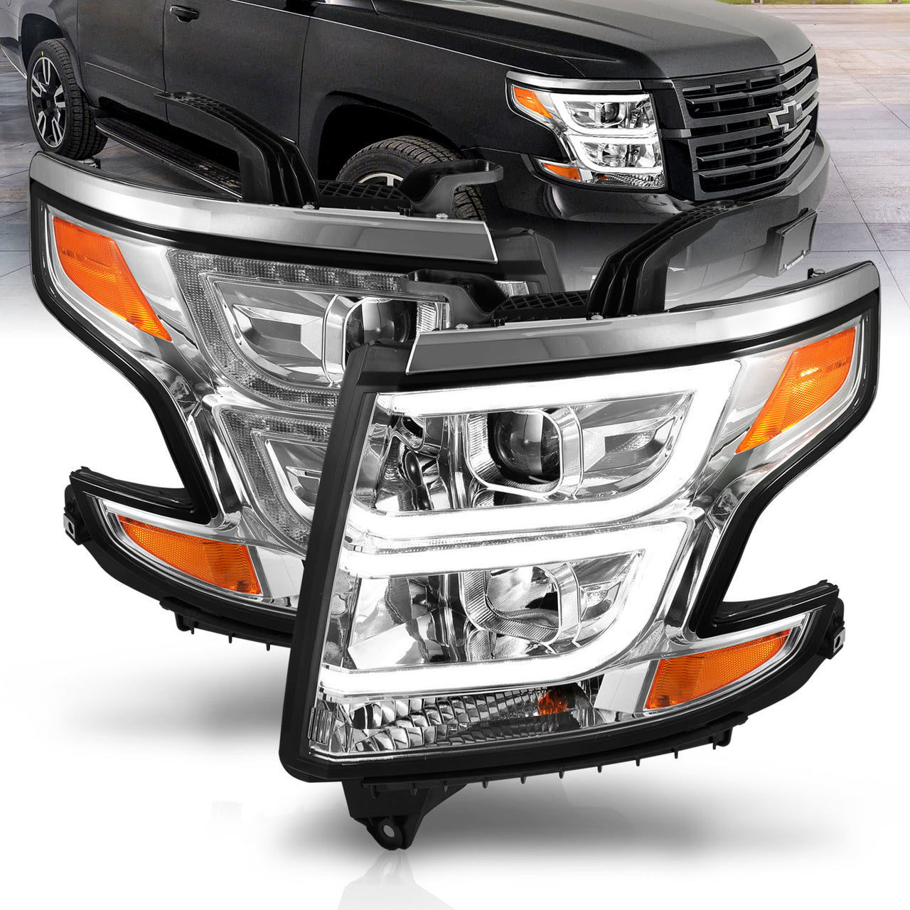 CHEVY TAHOE/SUBURBAN 15-19 PROJECTOR LIGHT BAR STYLE HEADLIGHTS CHROME AMBER (W/ DRL)