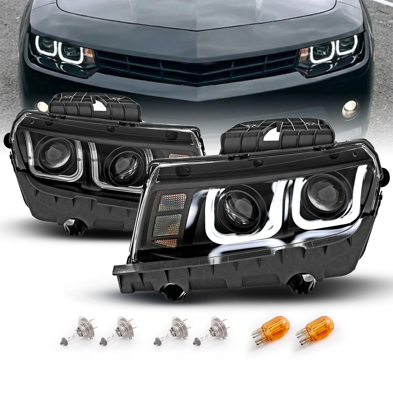 CHEVY CAMARO 14-15 PROJECTOR HEADLIGHTS U-BAR STYLE BLACK CLEAR