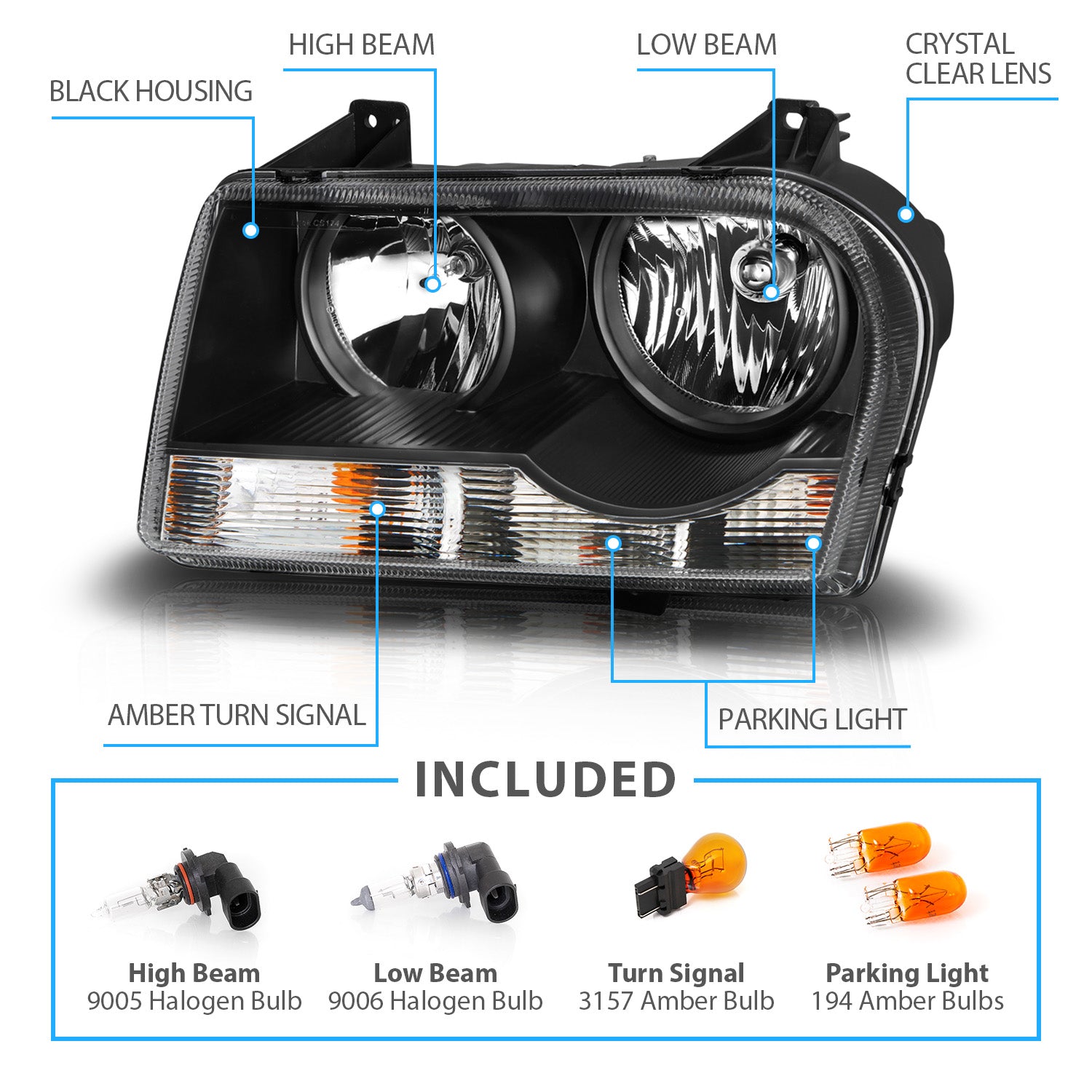 CHRYSLER 300 05-UP CRYSTAL HEADLIGHTS BLACK