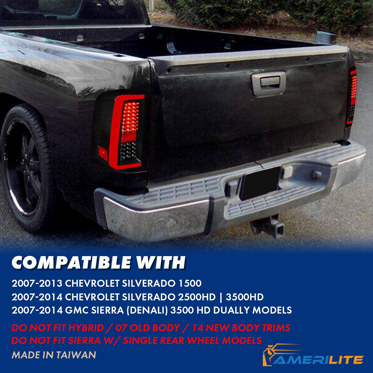CHEVY SILVERADO 1500/2500/3500 07-10/HYBRID 09/GMC SIERRA 07-09 LED TAIL LIGHTS G5  BLACK HOUSING SMOKE LENS (W/ WHITE LIGHT BAR)