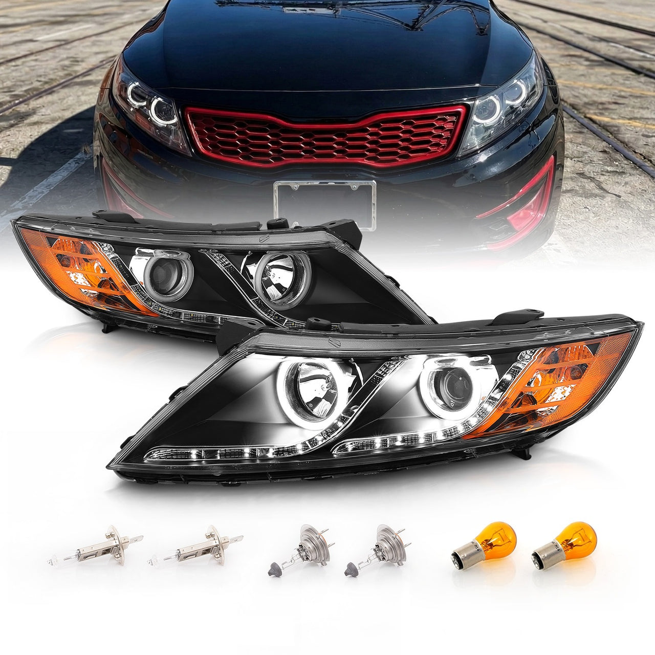 KIA OPTIMA 11-15 PROJECTOR HEADLIGHTS HALO BLACK CLEAR AMBER (RX HALO)