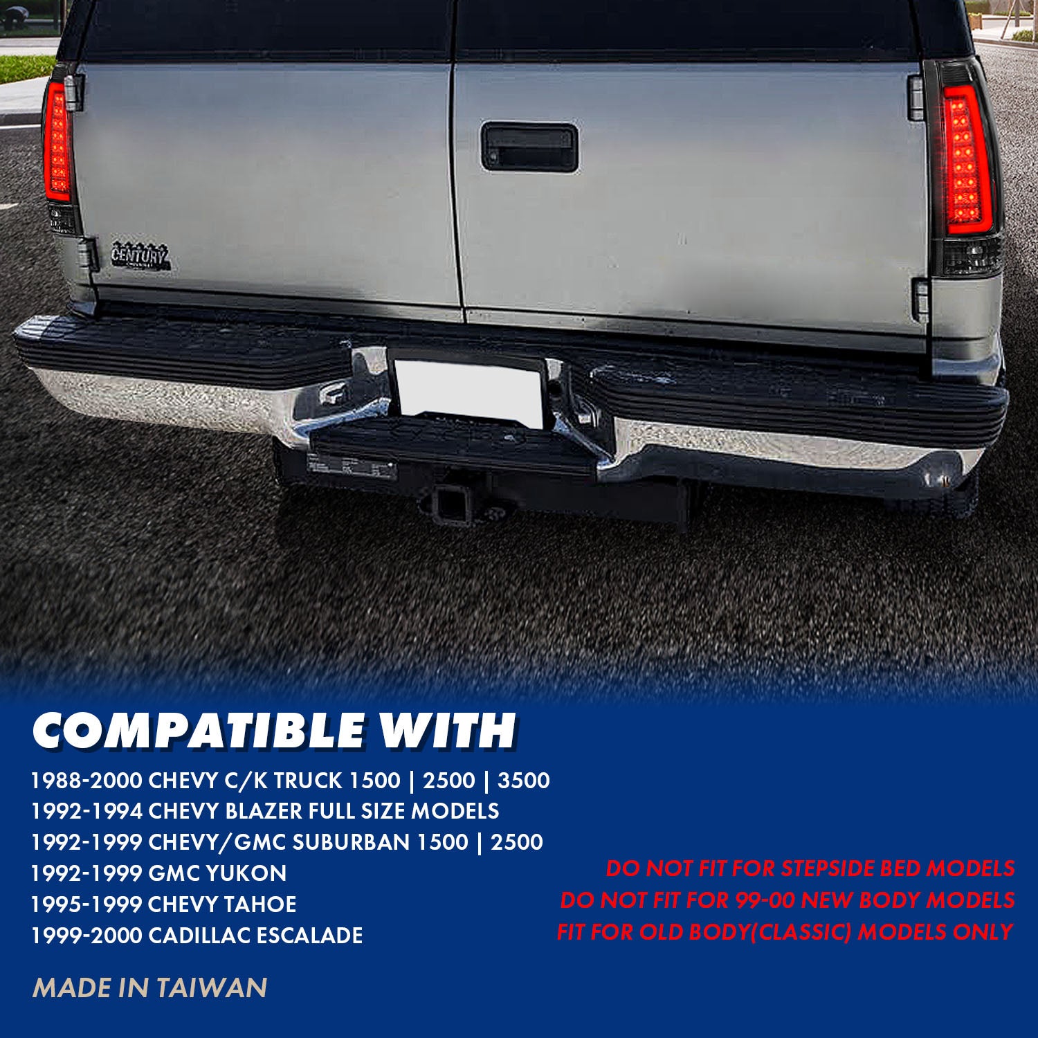 Chevy/GMC C/K 1500/2500/3500 88-99, SUBURBAN/YUKON 92-00, TAHOE 94-00, BLAZER 92-94, CADILLAC ESCALADE 99-00 LED C-BAR TAIL LIGHTS BLACK HOUSING CLEAR LENS