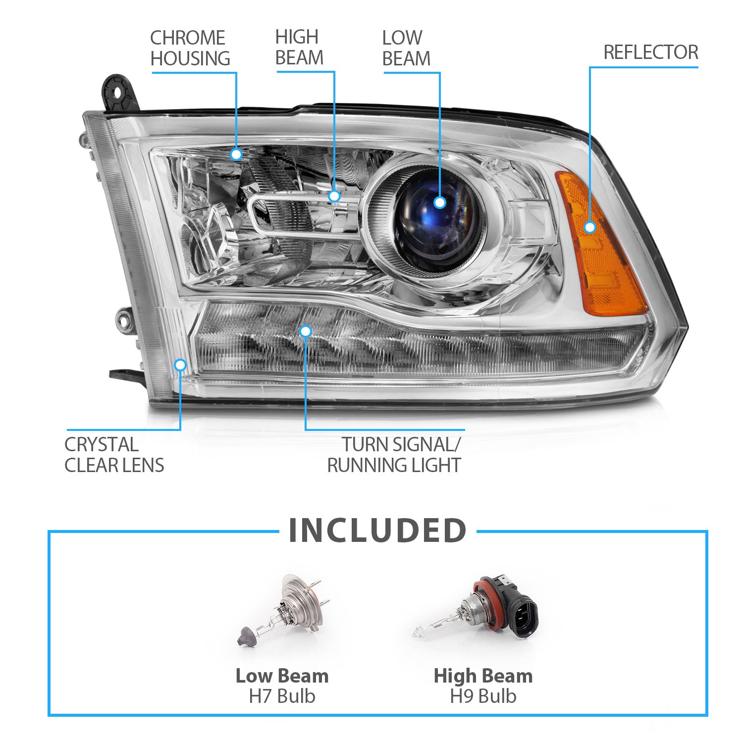 DODGE RAM 09-18 PROJECTOR PLANK STYLE SWITCHBACK H.L CHROME AMBER (OE STYLE) (ALL MODEL)