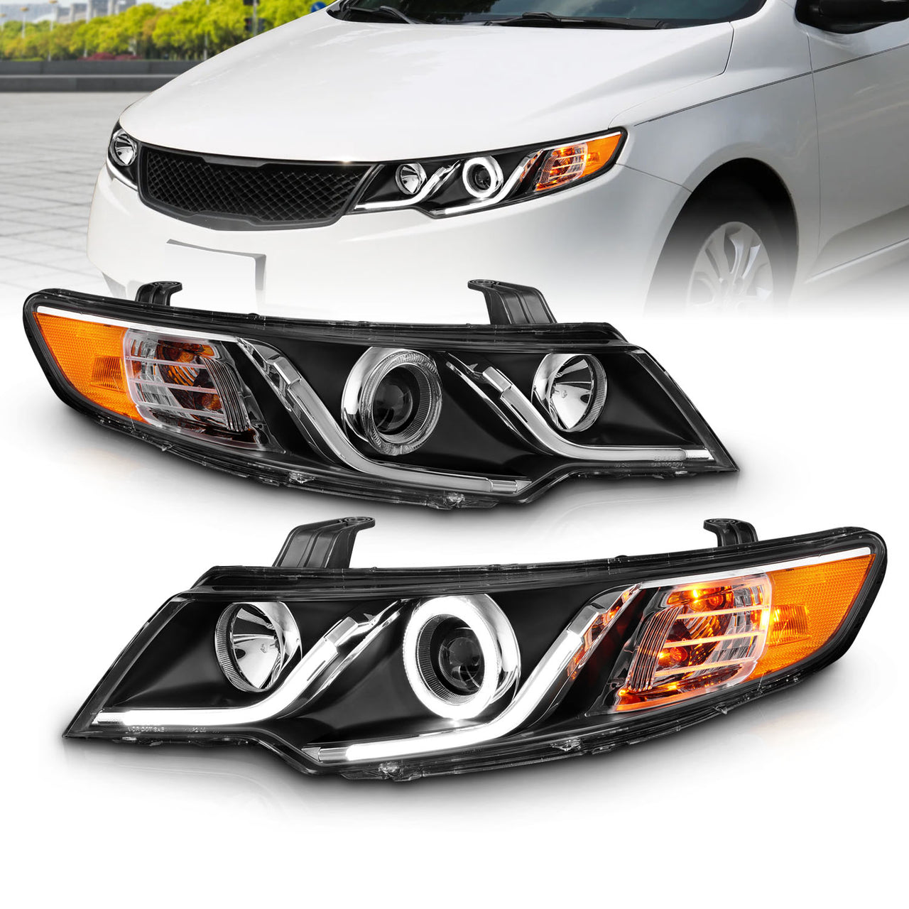 KIA FORTE 10-13 PROJECTOR HEADLIGHTS HALO BLACK CLEAR G3 AMBER