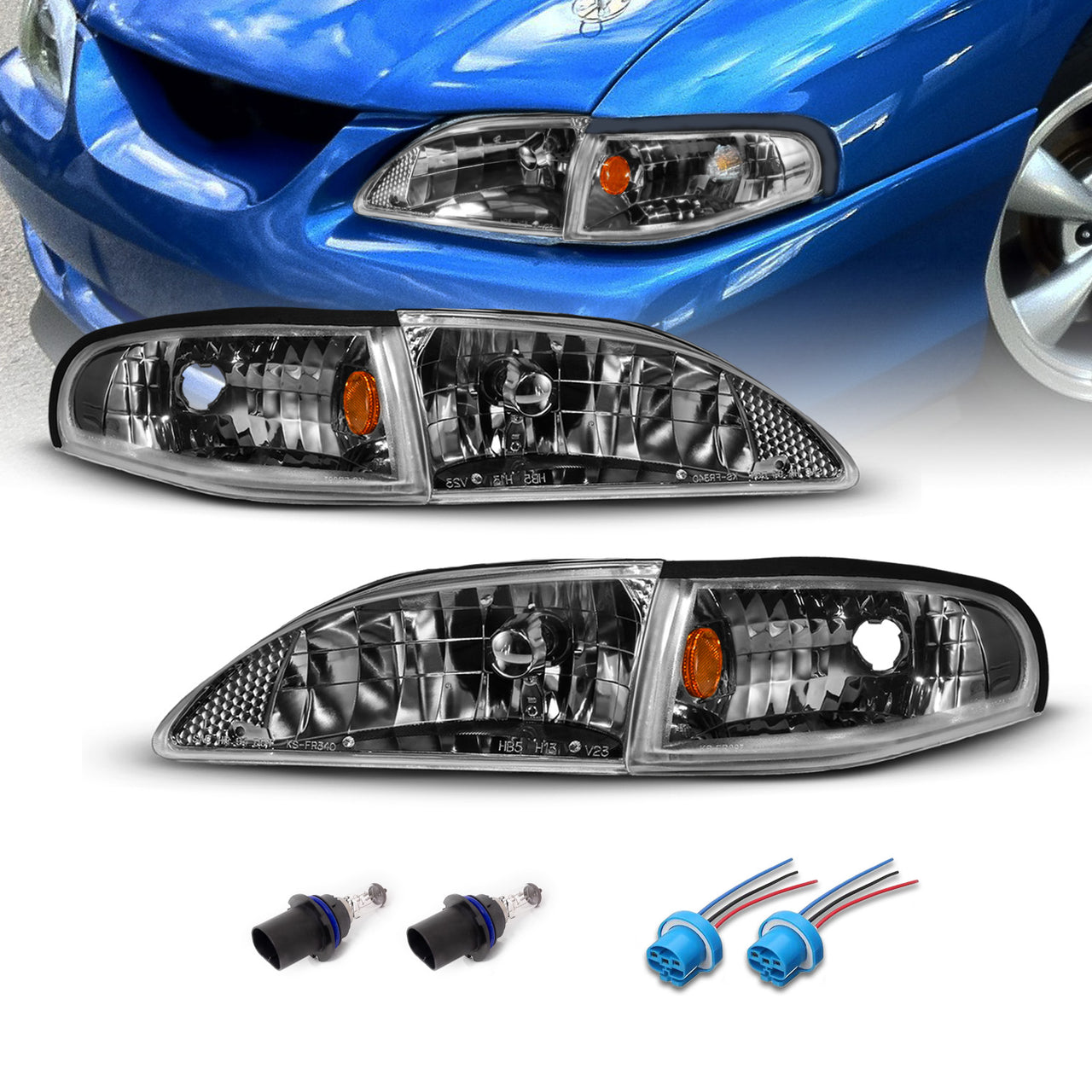 FORD MUSTANG 94-98 CRYSTAL HEADLIGHTS CHROME W/ CORNER AMBER