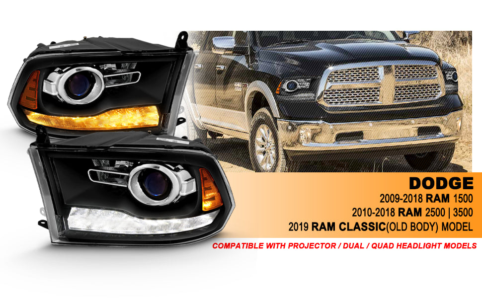 DODGE RAM 09-18 PROJECTOR PLANK STYLE SWITCHBACK H.L BLACK AMBER (OE STYLE) (MIST BLACK) (ALL MODEL)