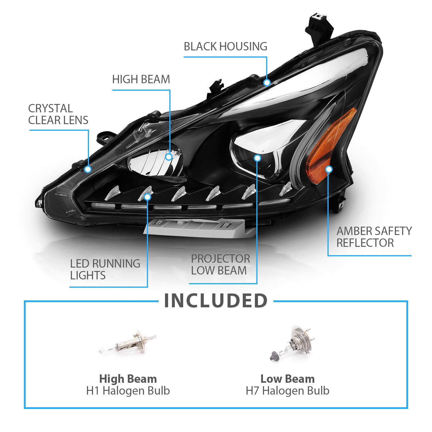 NISSAN ALTIMA 13-15 4DR PROJECTOR LIGHT BAR STYLE HEADLIGHTS BLACK CLEAR AMBER