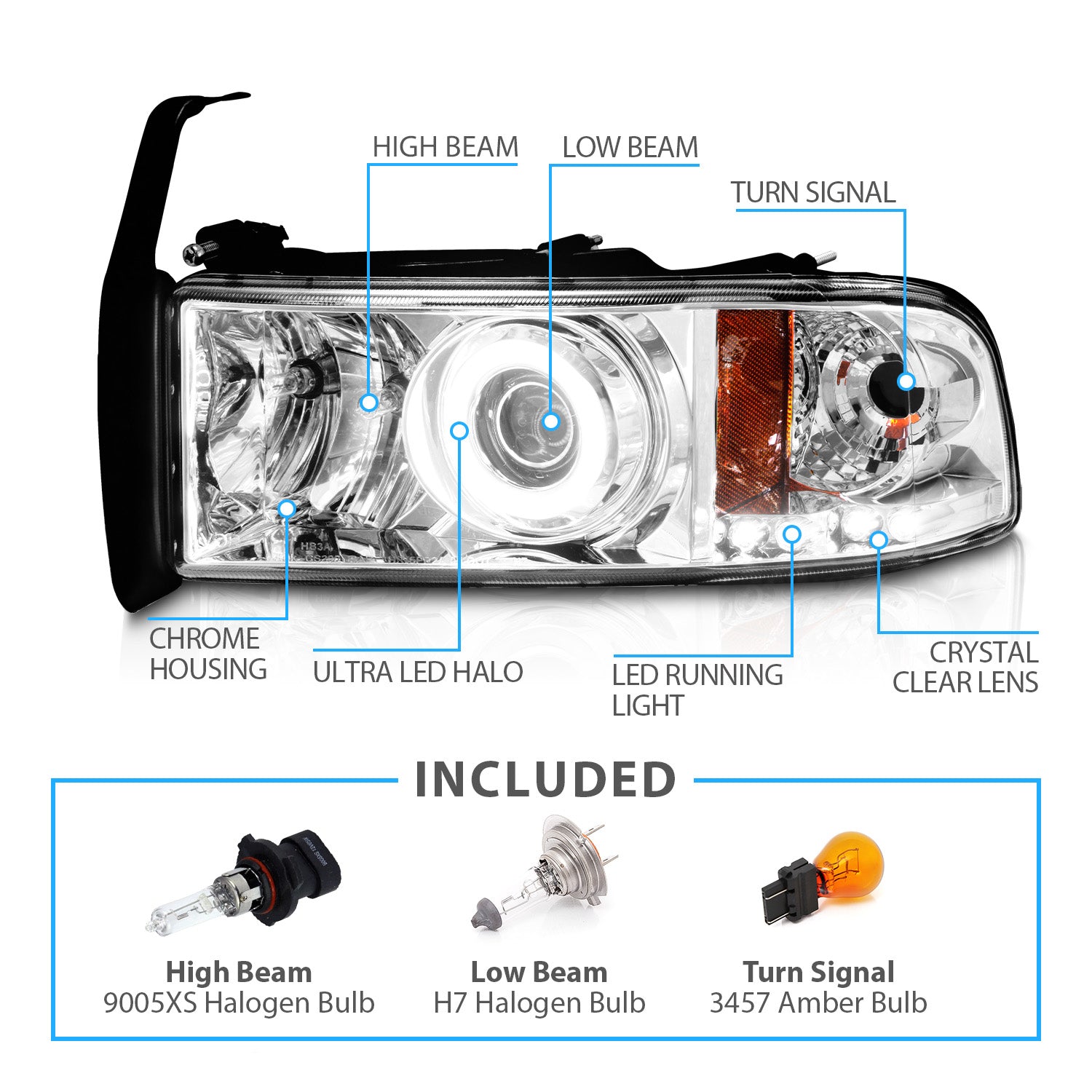 DODGE RAM 94-01 PROJECTOR HEADLIGHTS HALO CHROME CLEAR AMBER (RX HALO)
