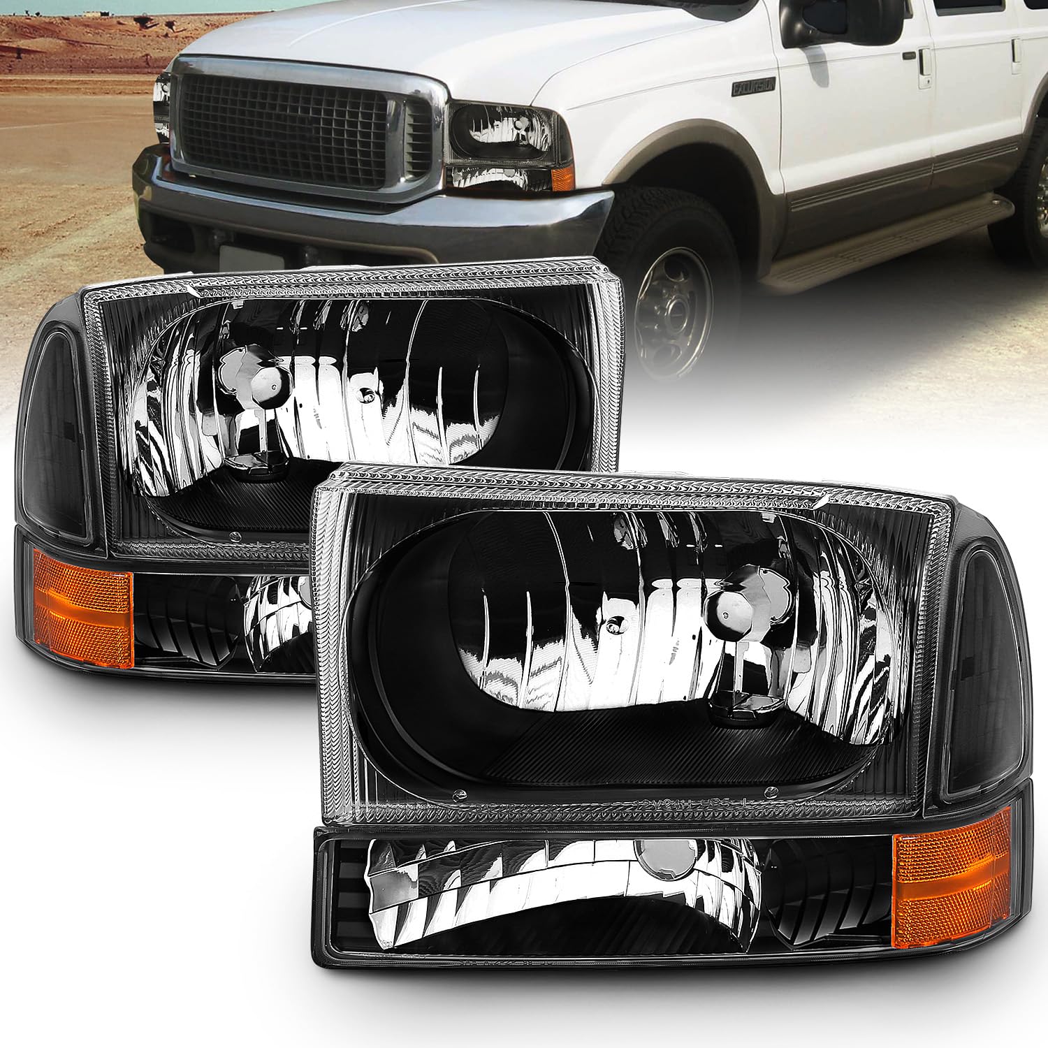 FORD EXCURSION 00-04/SUPER DUTY 99-04 HEADLIGHTS W/ CORNER LIGHTS BLACK AMBER (W/O BULB)
