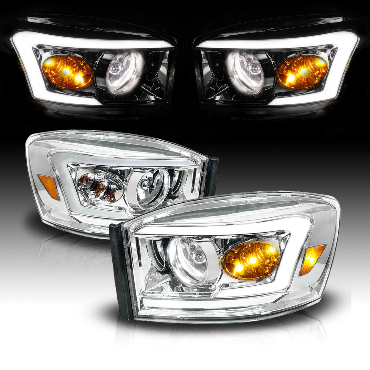 DODGE RAM 1500 06-08/ 2500/3500 06-09  CHROME HEADLIGHTS AMBER (W/ C LIGHT BAR)