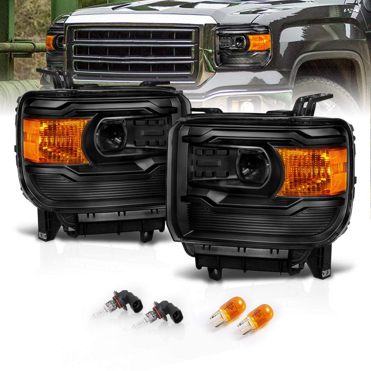 GMC SIERRA 1500嚙?4-15/2500HD/3500HD 15-19 PROJECTOR HEADLIGHTS BLACK G4 (SIMPLE DESIGN)嚙?HALOGEN TYPE MODEL W/O FACTORY DRL)