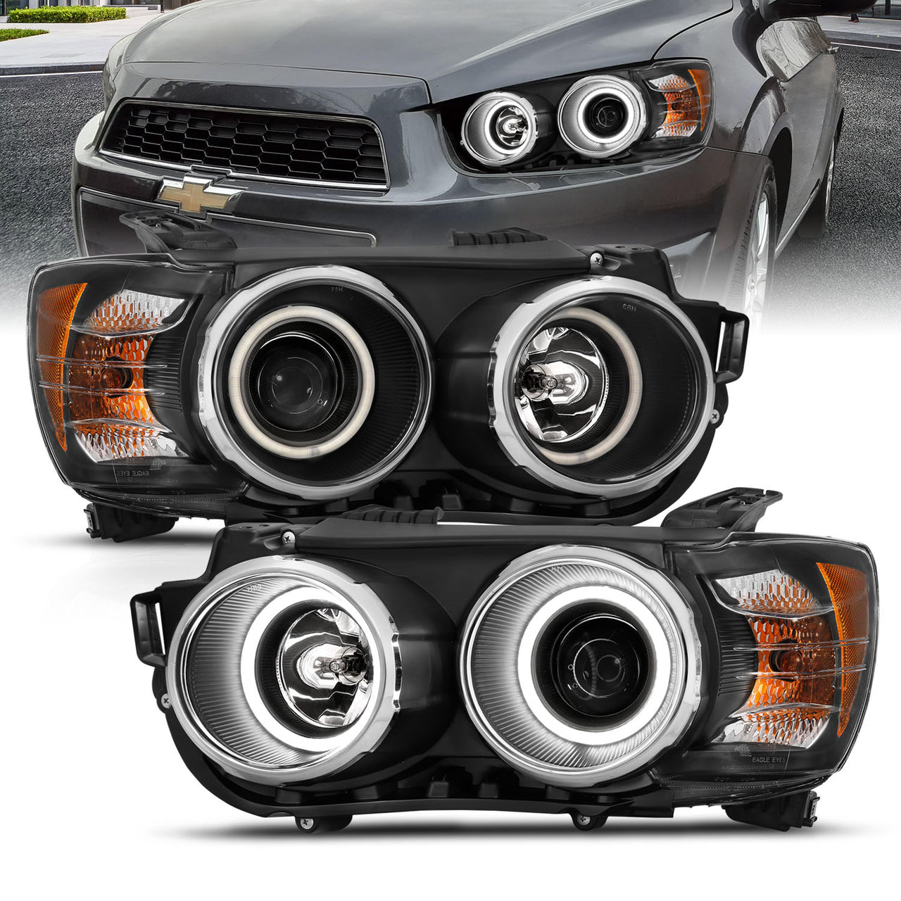 CHEVY SONIC 12-13 4D/HATCHBACK PROJECTOR HALO HEADLIGHTS BLACK CLEAR AMBER (RX HALO)