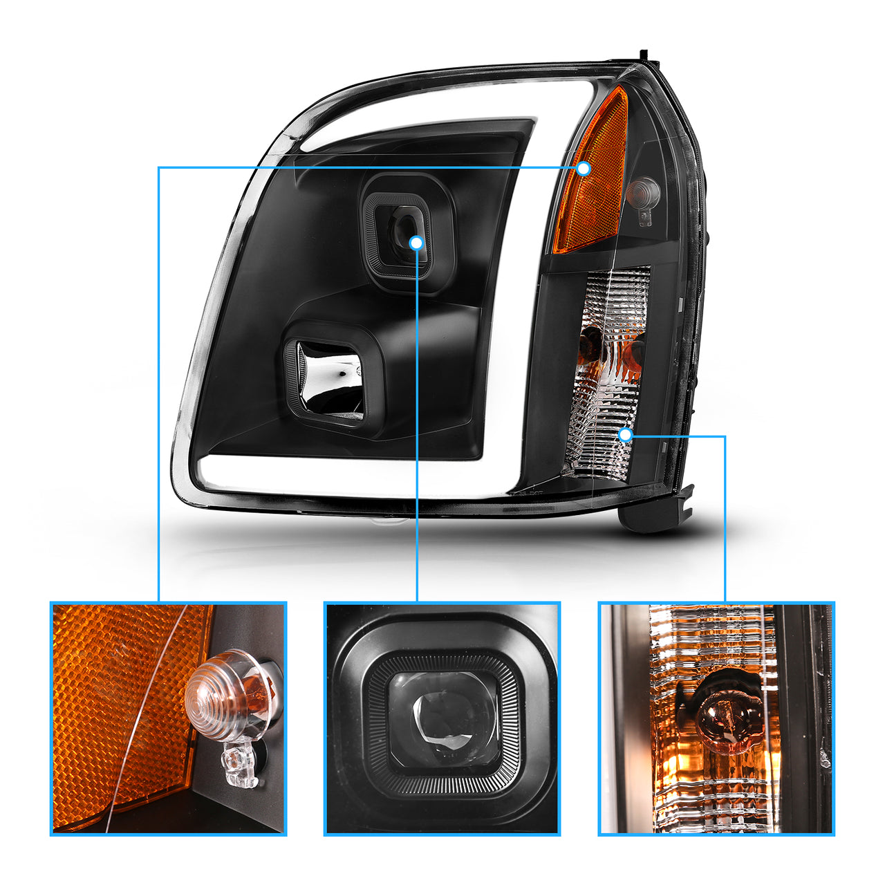 GMC YUKON/YUKON XL/DENALI/XL DENAL 07-10 PRO HEADLIGHTS LIGHT BAR STYLE BLACK AMBER