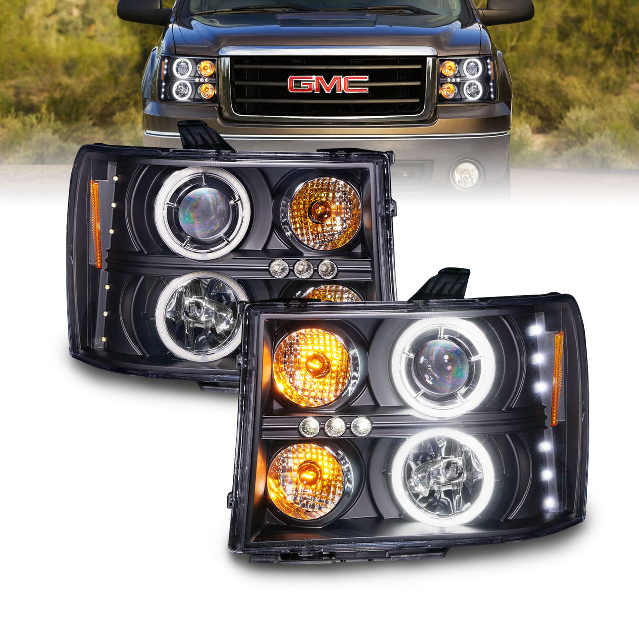 GMC SIERRA 07-13 PROJECTOR HEADLIGHTS HALO BLACK CLEAR AMBER (RX HALO)