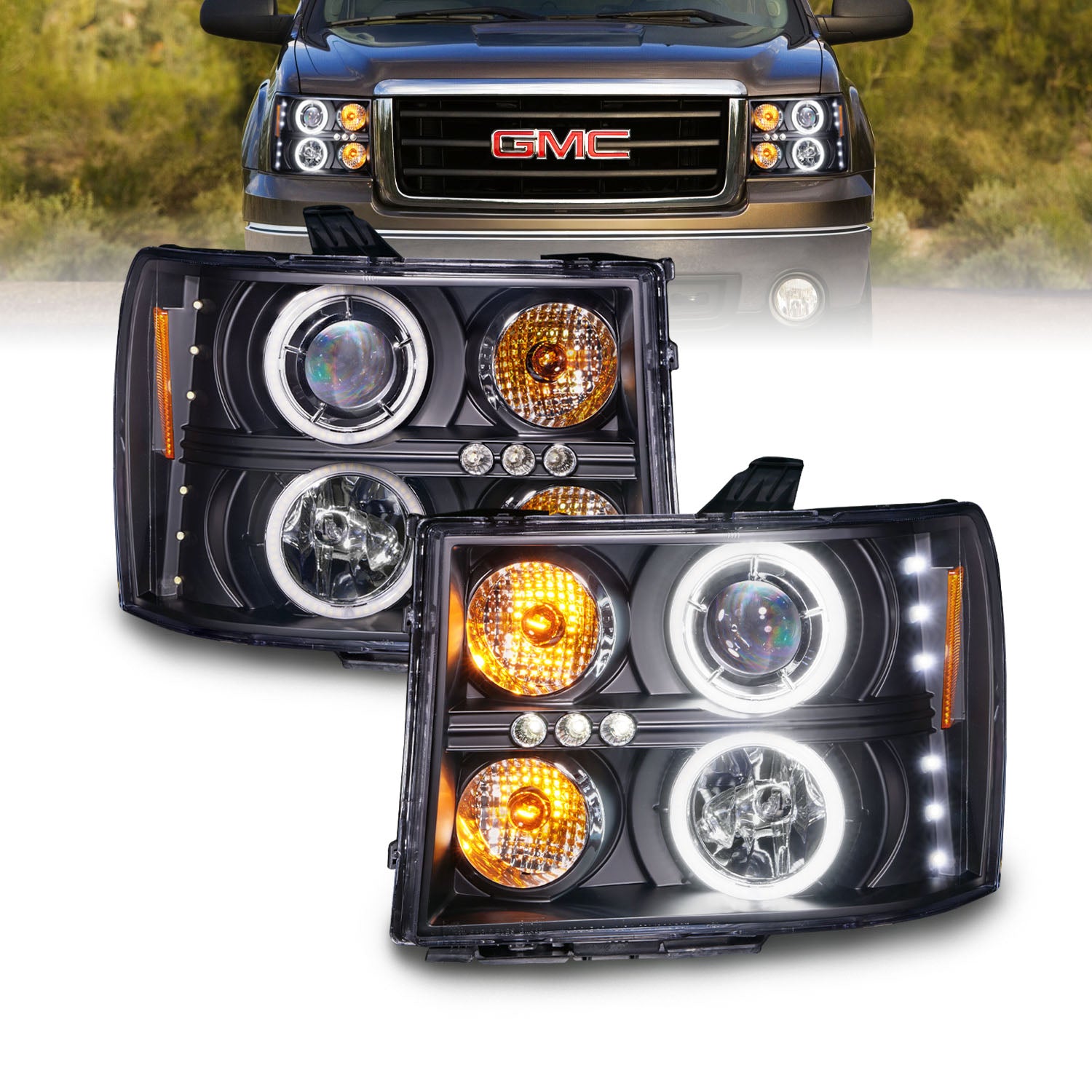 GMC SIERRA 07-13 PROJECTOR HEADLIGHTS HALO BLACK CLEAR AMBER (RX HALO)