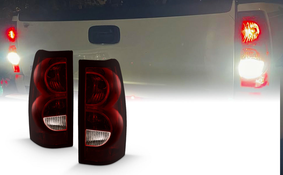 CHEVY SILVERADO 04-07 TAIL LIGHTS DARK RED AND CLEAR LENS (BLACK RIM) (OE STYLE)