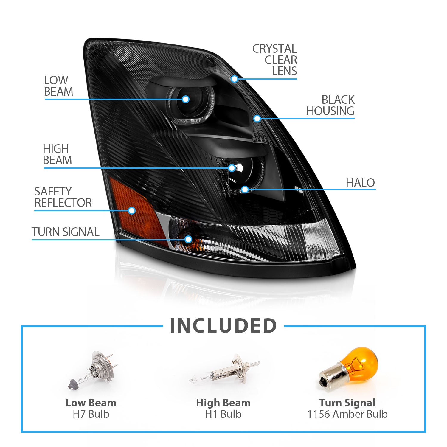VOLVO VN/VNL SERIES 04-15 PROJECTOR U BAR STYLE H.L BLACK AMBER REFLECTOR (RIGHT)