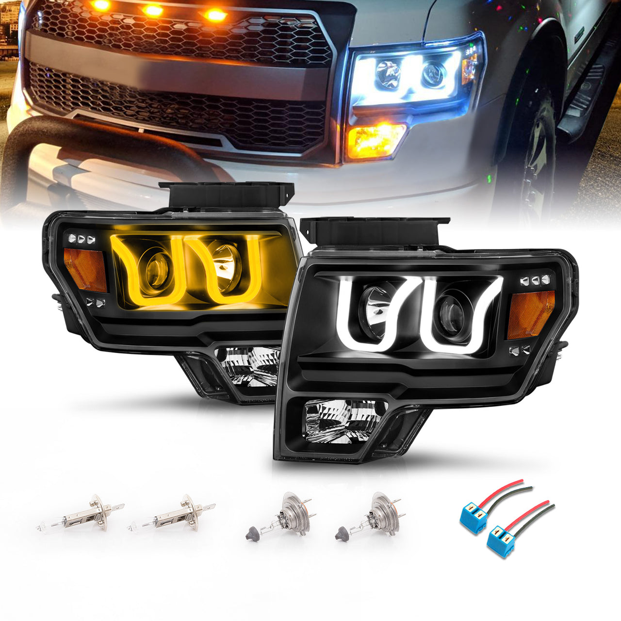 FORD F-150 09-13 PROJECTOR U-BAR STYLE SWITCHBACK HEADLIGHTS BLACK