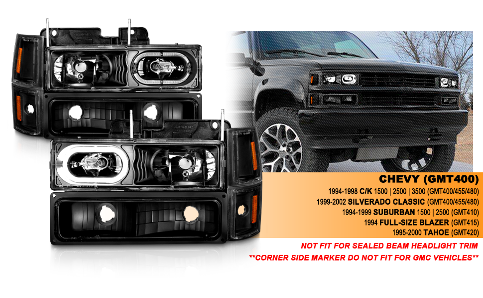 CHEVY CK / C10 /SILVERADO/ TAHOE / SUBURBAN/BLAZER 94-98 CRYSTAL HEADLIGHTS HALO BLACK HOUSING W/ SIGNAL & SIDE MARKERS AMBER (8PCS)