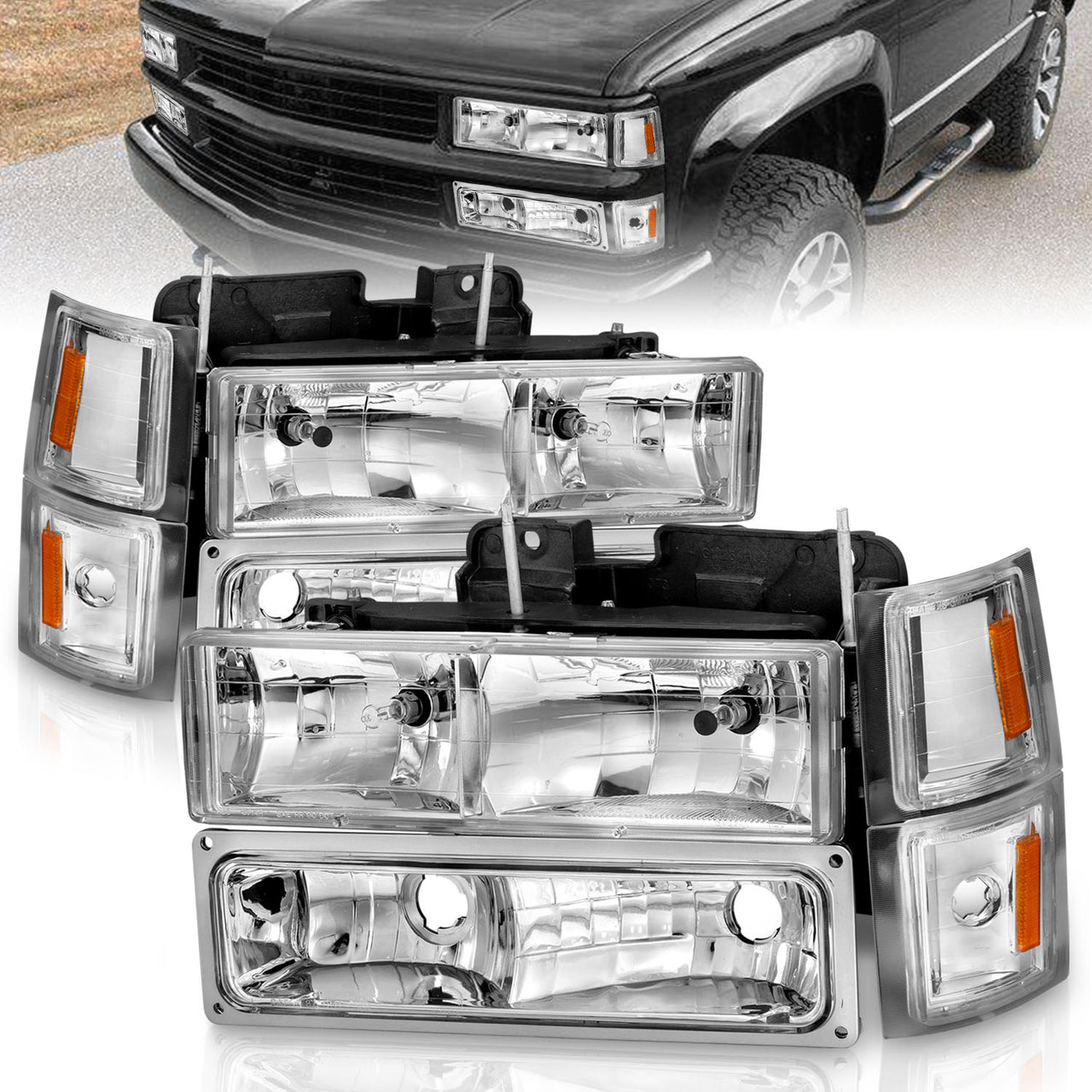 CHEVY CK / C10 /SILVERADO/ TAHOE / SUBURBAN/BLAZER 94-98 CRYSTAL HEADLIGHTS CHROME W/ SIGNAL & SIDE MARKERS AMBER (8PCS)