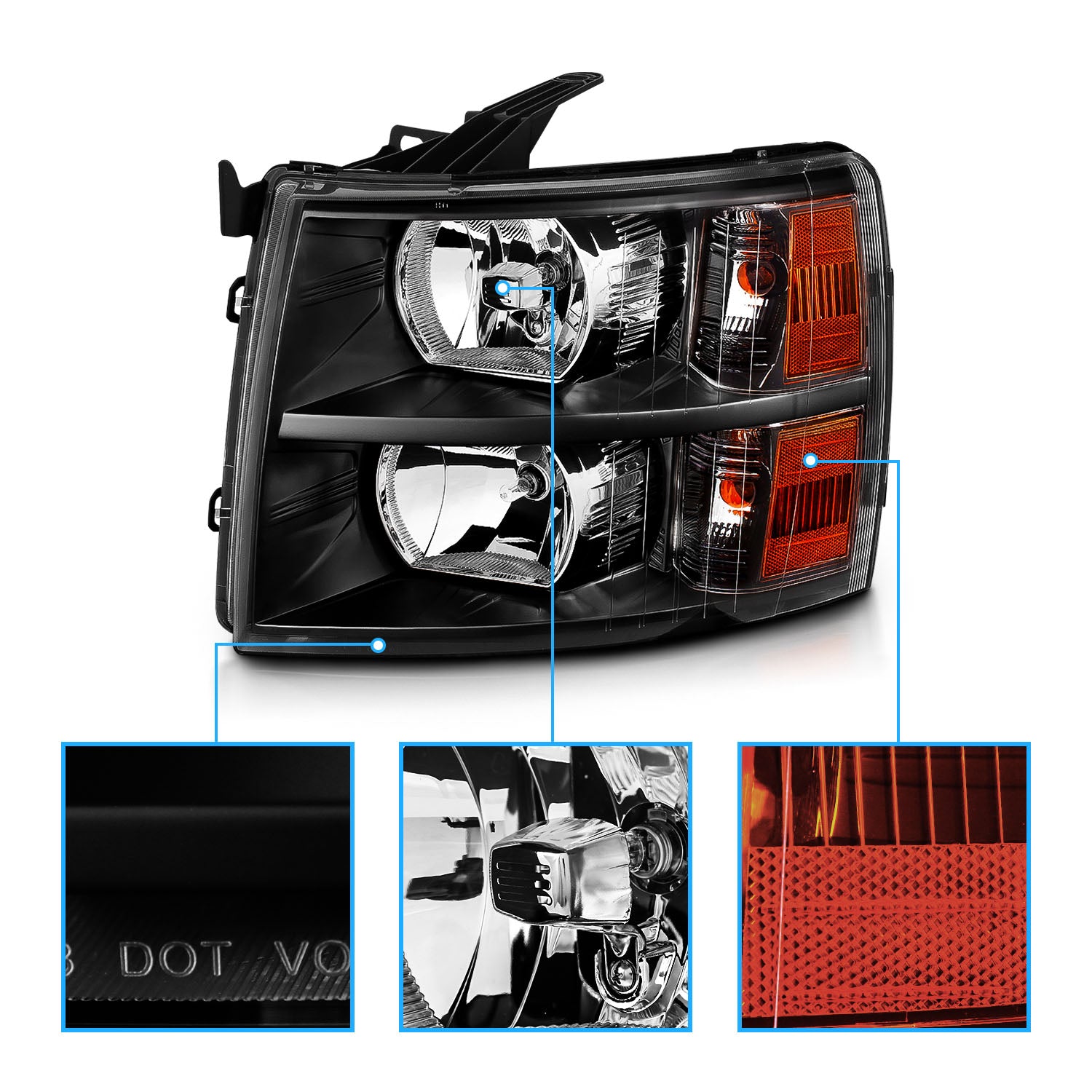 CHEVY SILVERADO 07-13 HEADLIGHTS BLACK AMBER