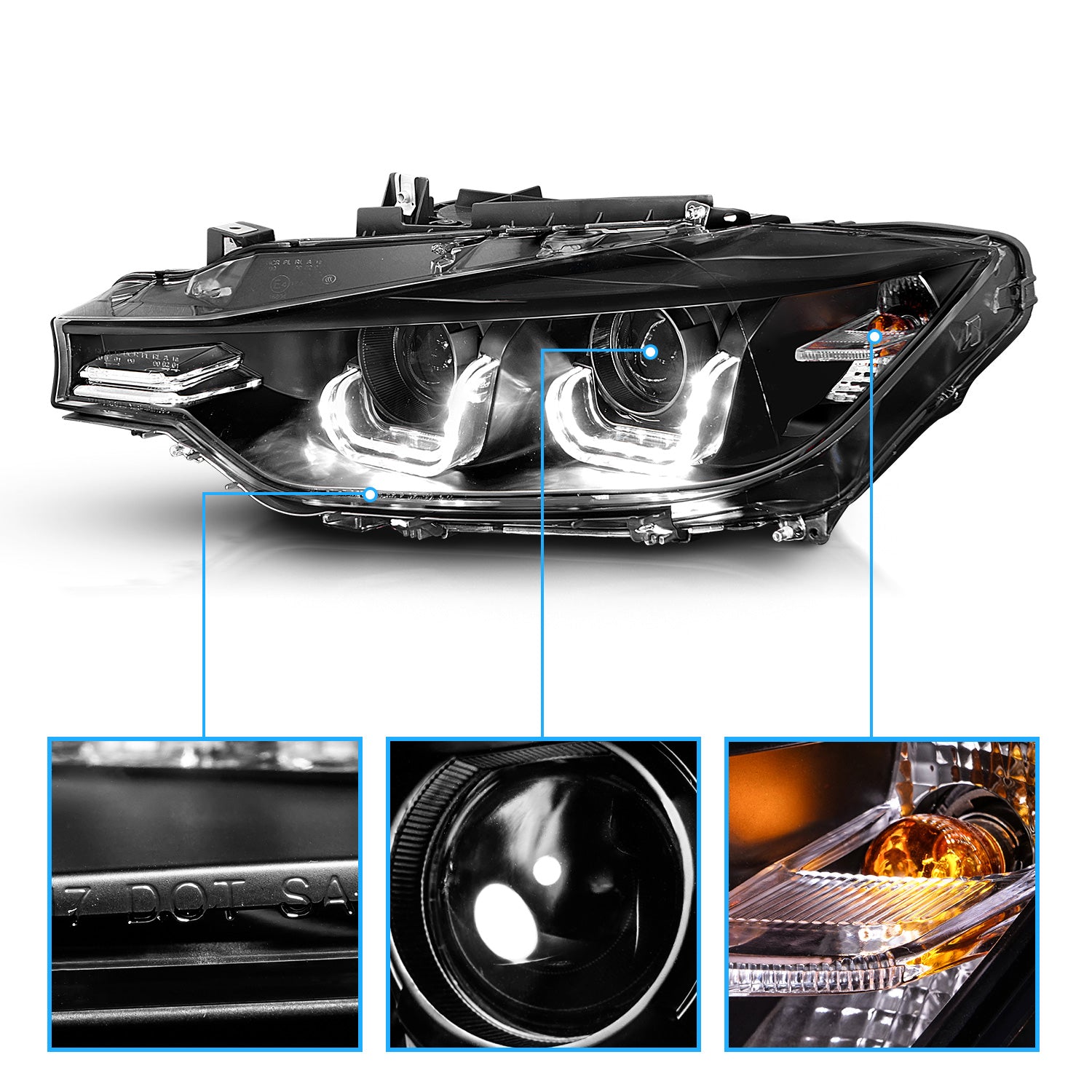 BMW 3 SERIES F30 12-14 4DR PROJECTOR U-BAR STYLE HEADLIGHTS HALO BLACK CLEAR (ONLY FITS W/O MOTOR VERSION)