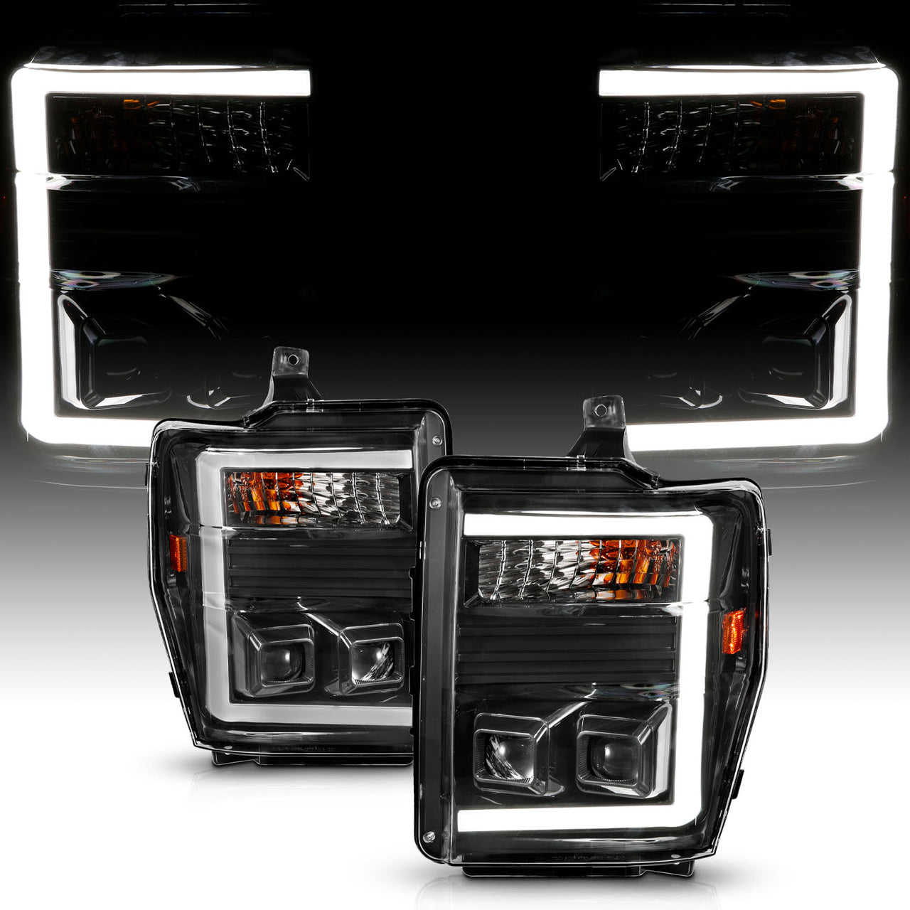 FORD SUPER DUTY 08-10 PROJECTOR HEADLIGHT  BLACK HOUSING CLEAR LENS W/ LIGHT BAR