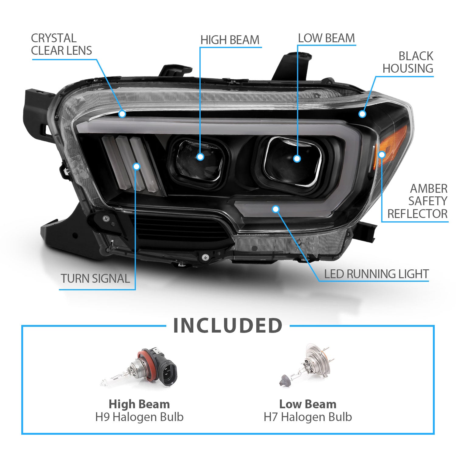 TOYOTA TACOMA 16-23 PROJECTOR LIGHT BAR STYLE HEADLIGHTS BLACK AMBER (W/ DRL) (HIGH MODEL)