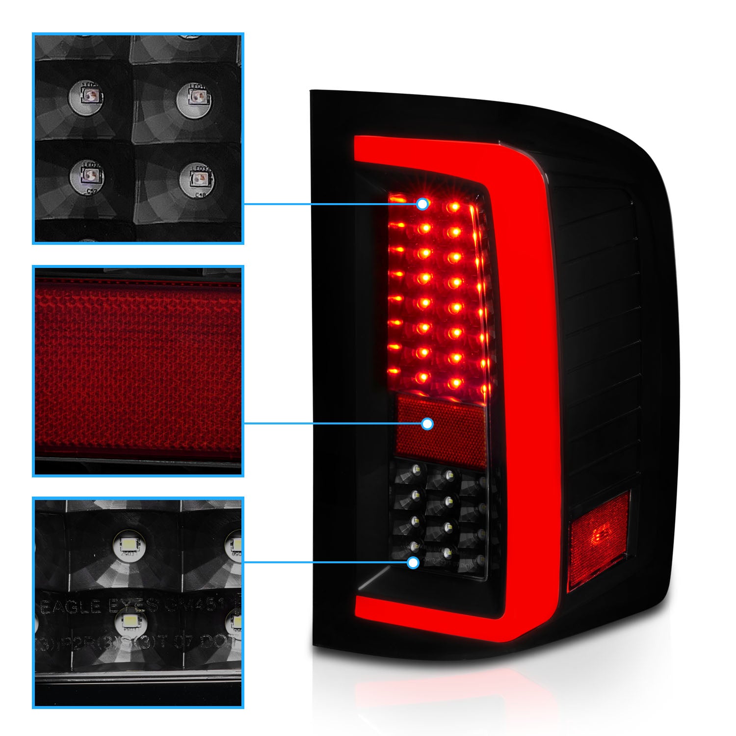 CHEVY SILVERADO 1500/2500/3500 07-10/HYBRID 09/GMC SIERRA 07-09 LED TAIL LIGHTS G5  BLACK HOUSING SMOKE LENS (W/ WHITE LIGHT BAR)