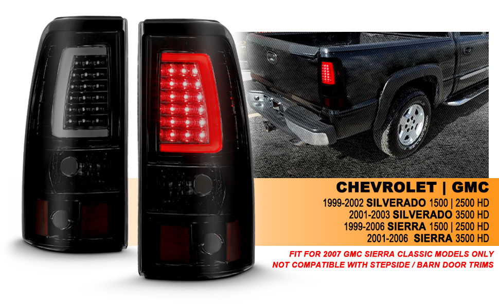 GMC SIERRA 99-07/CHEVY SILVERADO 99-03 (1500/2500 SERIES 99-02 & 3500 SERIES 2003) LED TAIL LIGHTS BLACK HOUSING SMOKE LENS  W/ C LIGHT BAR (3 HOLE)