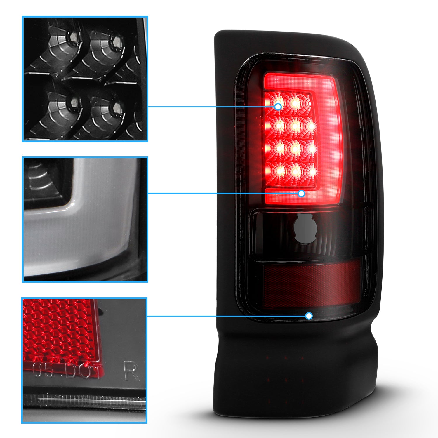 DODGE RAM 94-01  LED TAIL LIGHTS BLACK HOUSING SMOKE LENS W/ C LIGHT BAR