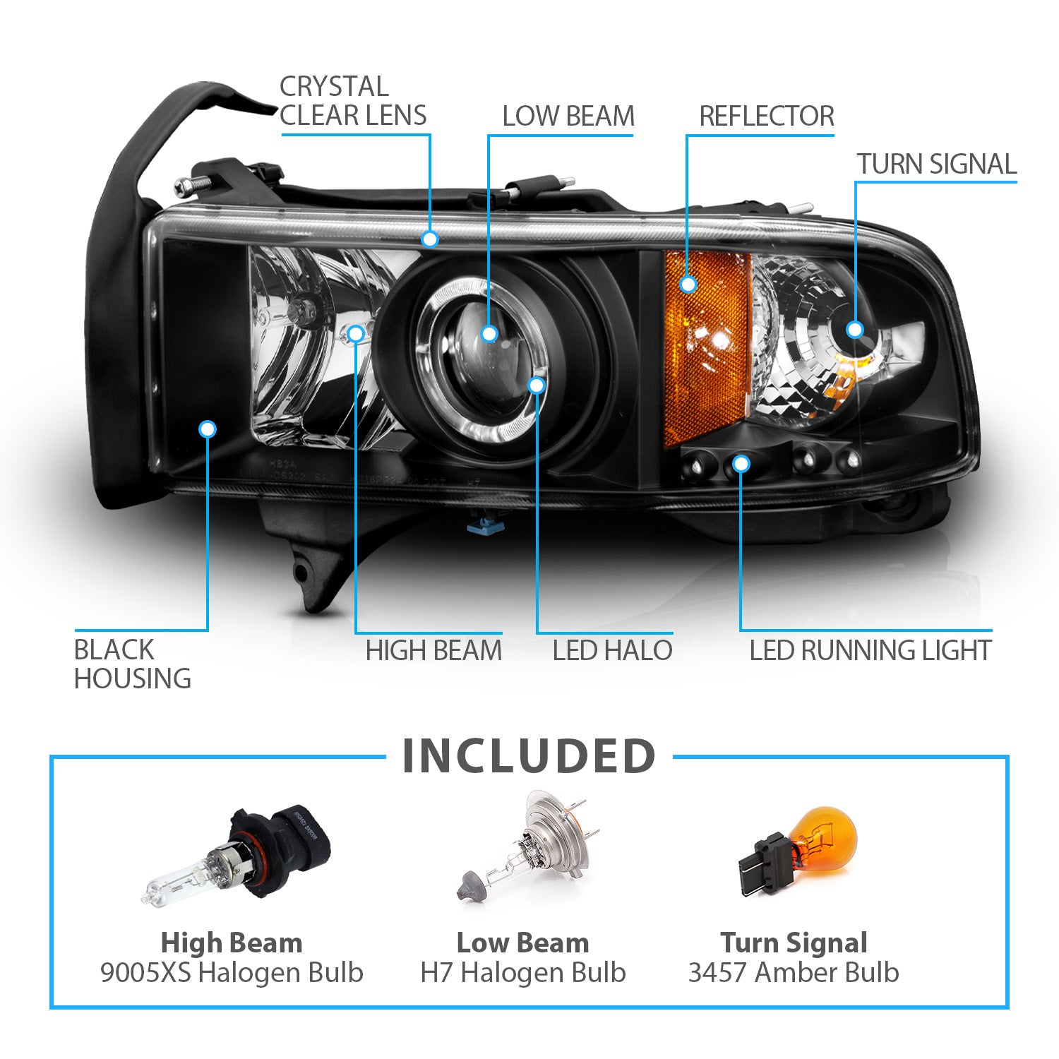 DODGE RAM 94-01 PROJECTOR HEADLIGHTS HALO BLACK CLEAR AMBER