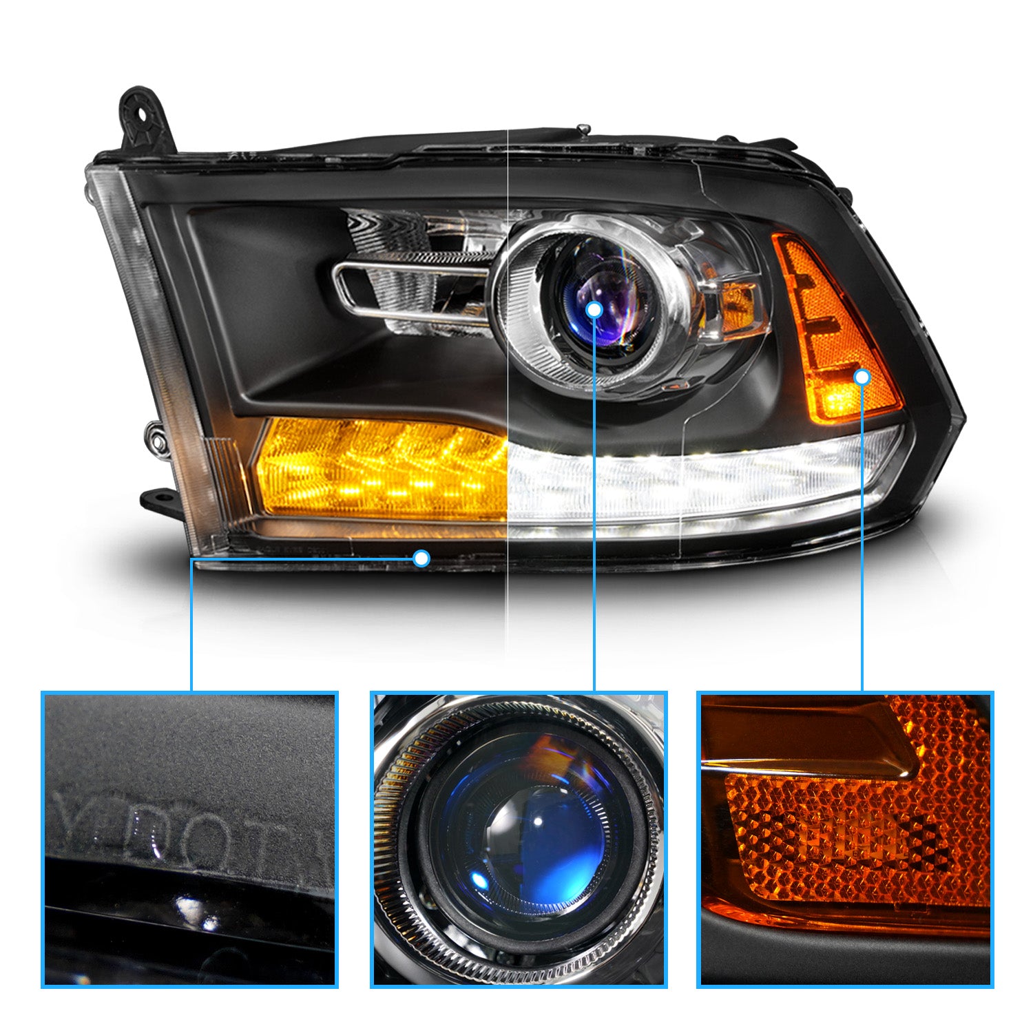DODGE RAM 1500 09-19(09-12, W/O QUAD),  2500/3500 10-18 PROJECTOR HEADLIGHTS MIST BLACK HOUSING CLEAR LENS SEQUENTIAL LIGHT BAR
