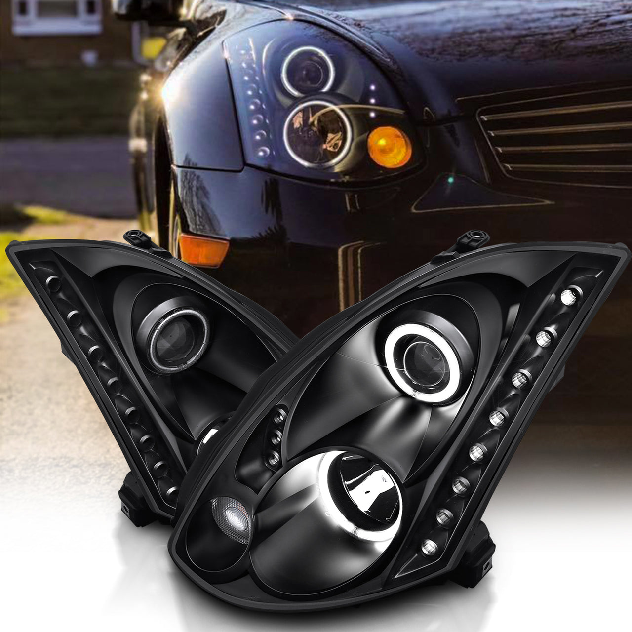 INFINITI G35 03-07 2DR HEADLIGHTS BLACK PROJECTOR CLEAR HALO (OEM HID COMPATIBLE) (RX HALO)