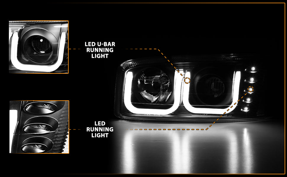 GMC SIERRA C3 99-02/SIERRA DENALI 99-07/YUKON/YUKON XL/YUKON DENALI 00-06 PROJECTOR HEADLIGHTS U-BAR CHROME BLACK AMBER