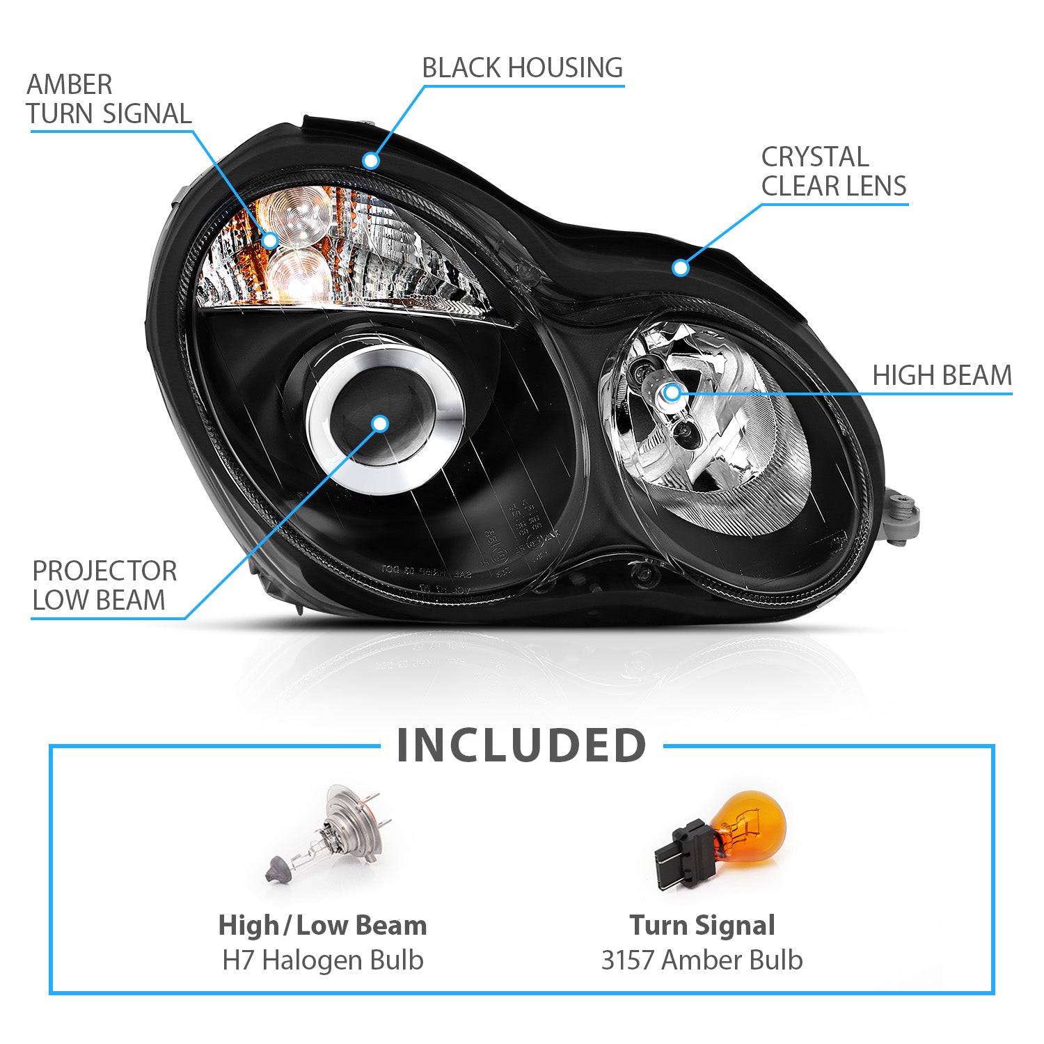 MBZ C CLASS W203 00-07 PROJECTOR HEADLIGHTS BLACK CLEAR