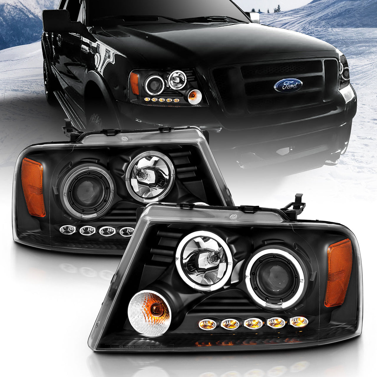 FORD F-150 04-08 PROJECTOR HEADLIGHTS 2 HALO LED BLACK CLEAR AMBER