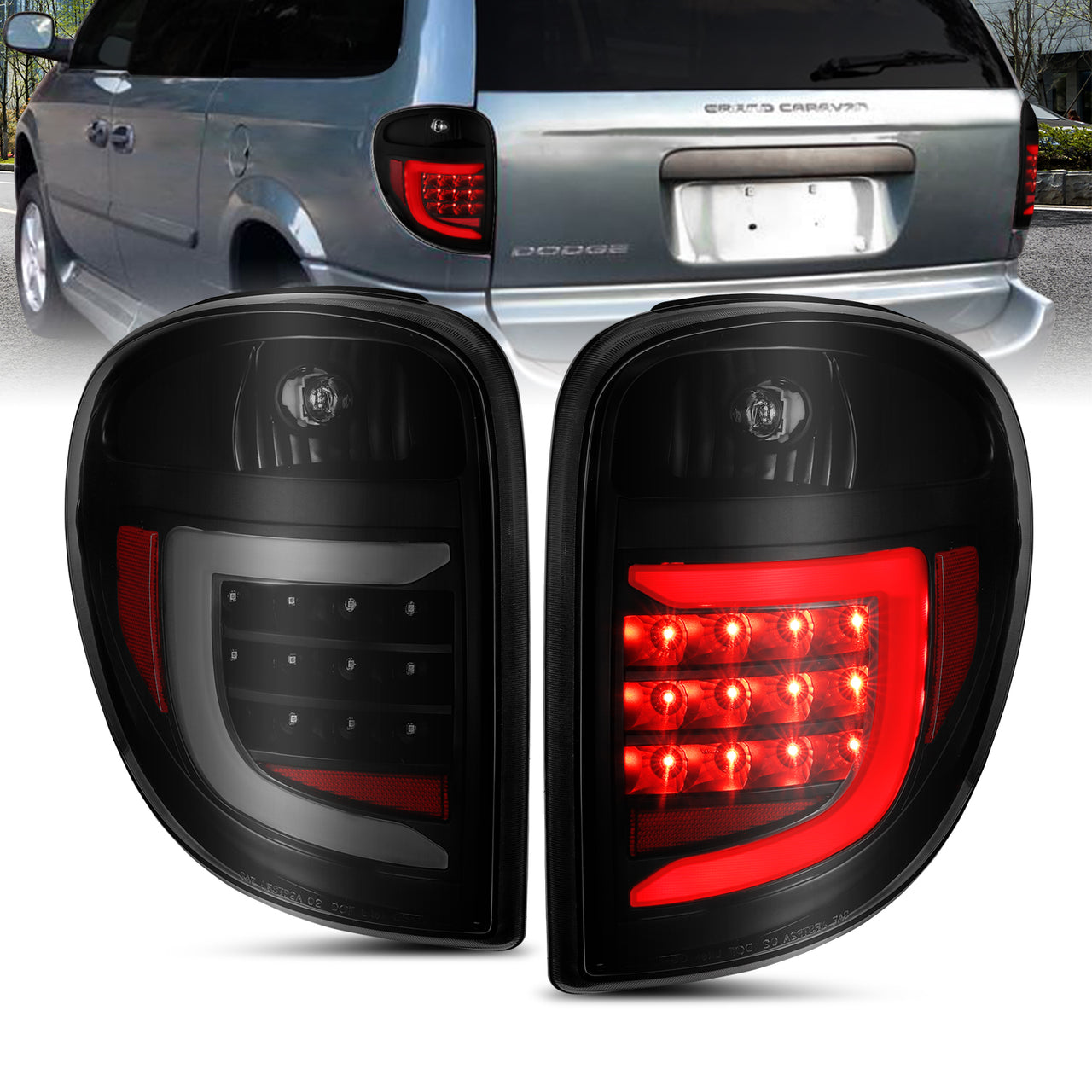 DODGE GRAND CARAVAN; CRYSLER TOWN&COUNTRY 04-07 L.E.D T.L BLACK HOUSING SMOKE LENS W/ C LIGHT BAR