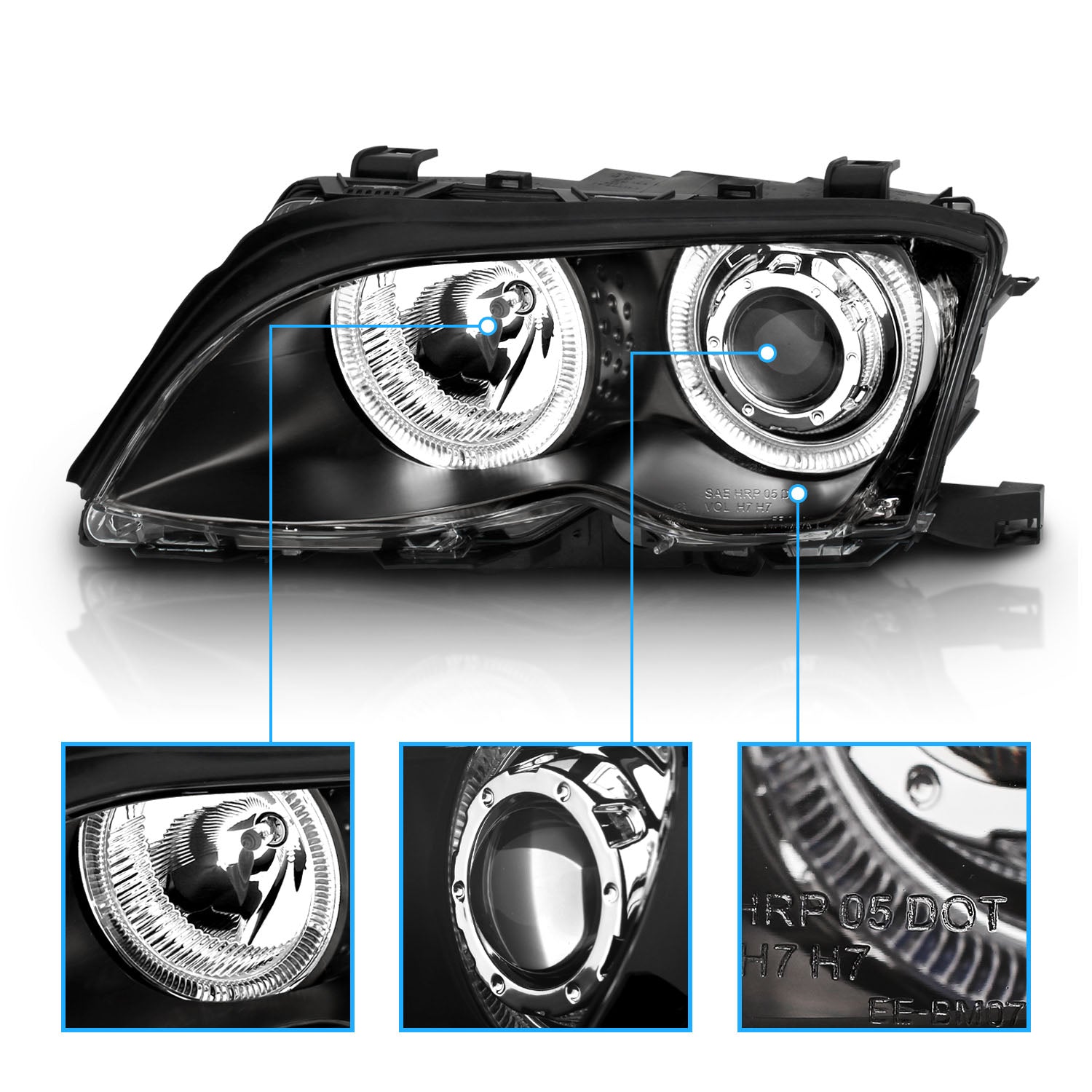 BMW 3 SERIES E46 02-05 4DR PROJECTOR HEADLIGHTS HALO BLACK CLEAR