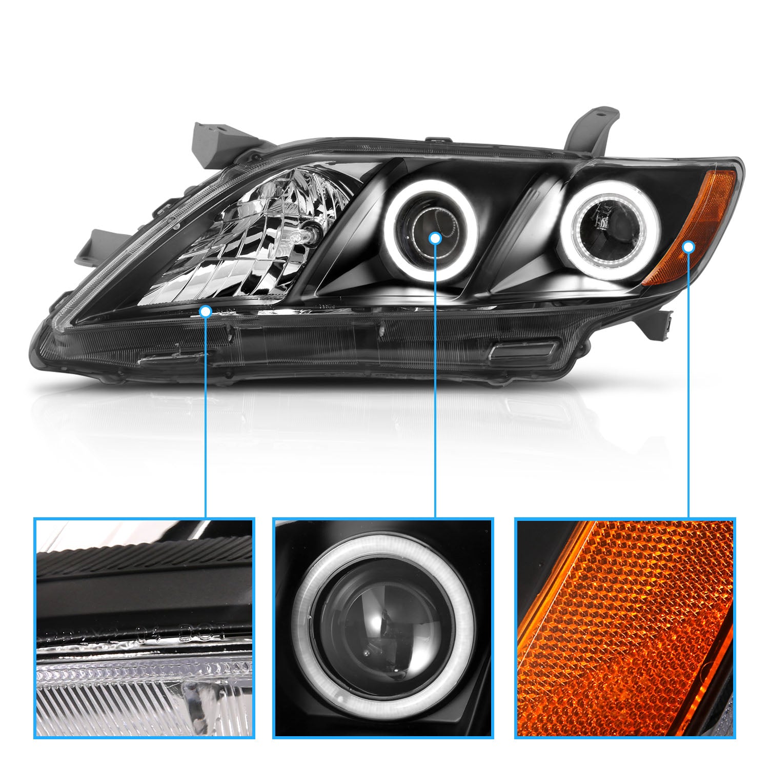 TOYOTA CAMRY 07-09 PROJECTOR HEADLIGHTS HALO BLACK CLEAR AMBER (RX HALO)