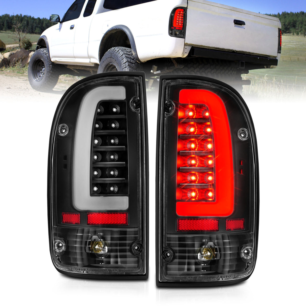 TOYOTA TACOMA 95-00 LED TAIL LIGHTS BLACK HOUSING CLEAR LENS W/ C LIGHT BAR