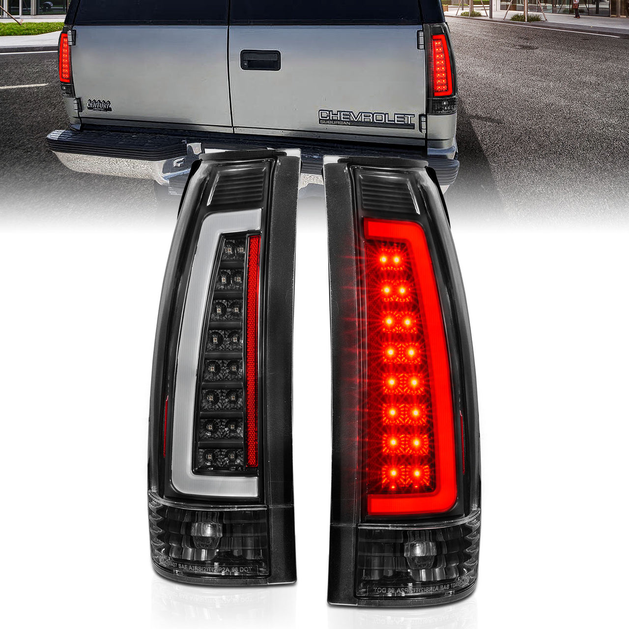 Chevy/GMC C/K 1500/2500/3500 88-99, SUBURBAN/YUKON 92-00, TAHOE 94-00, BLAZER 92-94, CADILLAC ESCALADE 99-00 LED C-BAR TAIL LIGHTS BLACK HOUSING CLEAR LENS