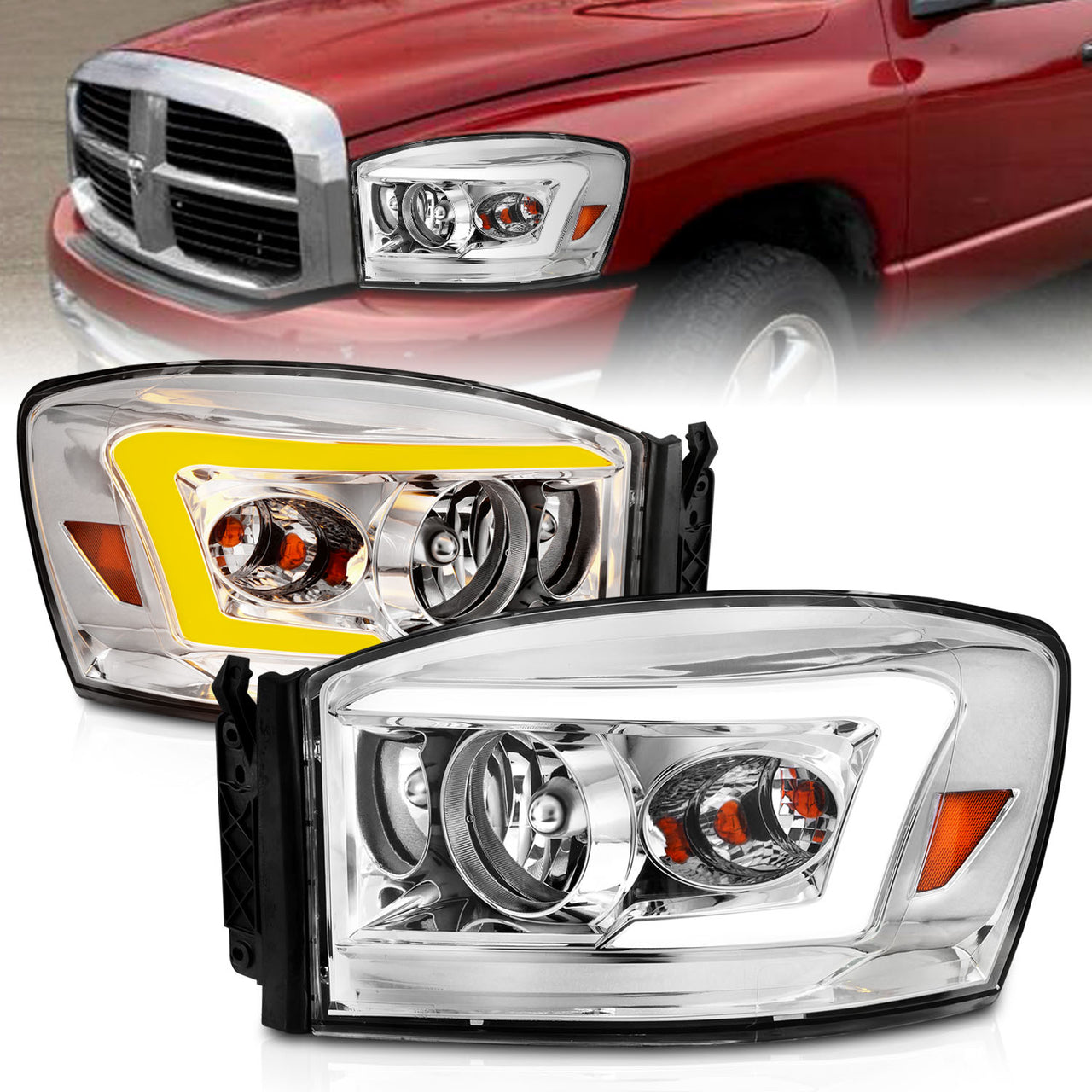 DODGE RAM 1500 06-08/ 2500/3500 06-09   SWITCHBACK HEADLIGHTS CHROME AMBER (W/ C LIGHT BAR)