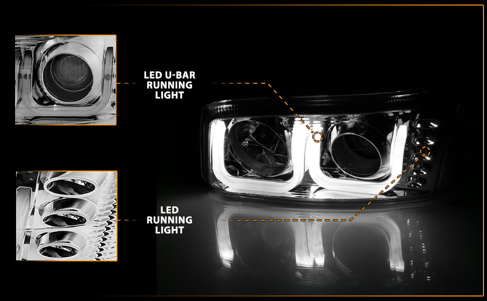 GMC SIERRA C3 99-02/SIERRA DENALI 99-07/YUKON/YUKON XL/YUKON DENALI 00-06 PROJECTOR HEADLIGHTS U-BAR CHROME CLEAR AMBER