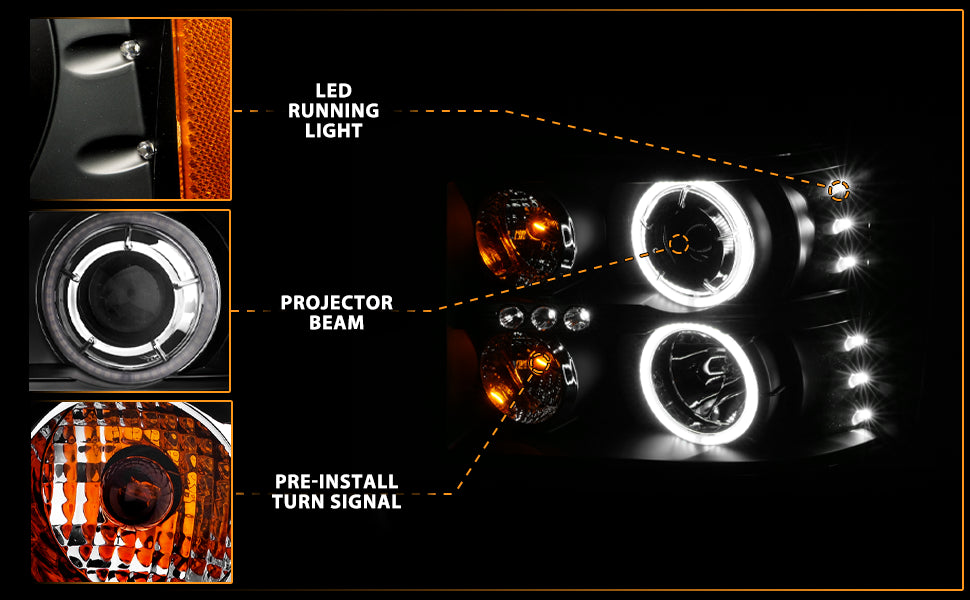 GMC SIERRA 07-13 PROJECTOR HEADLIGHTS HALO BLACK CLEAR AMBER (RX HALO)