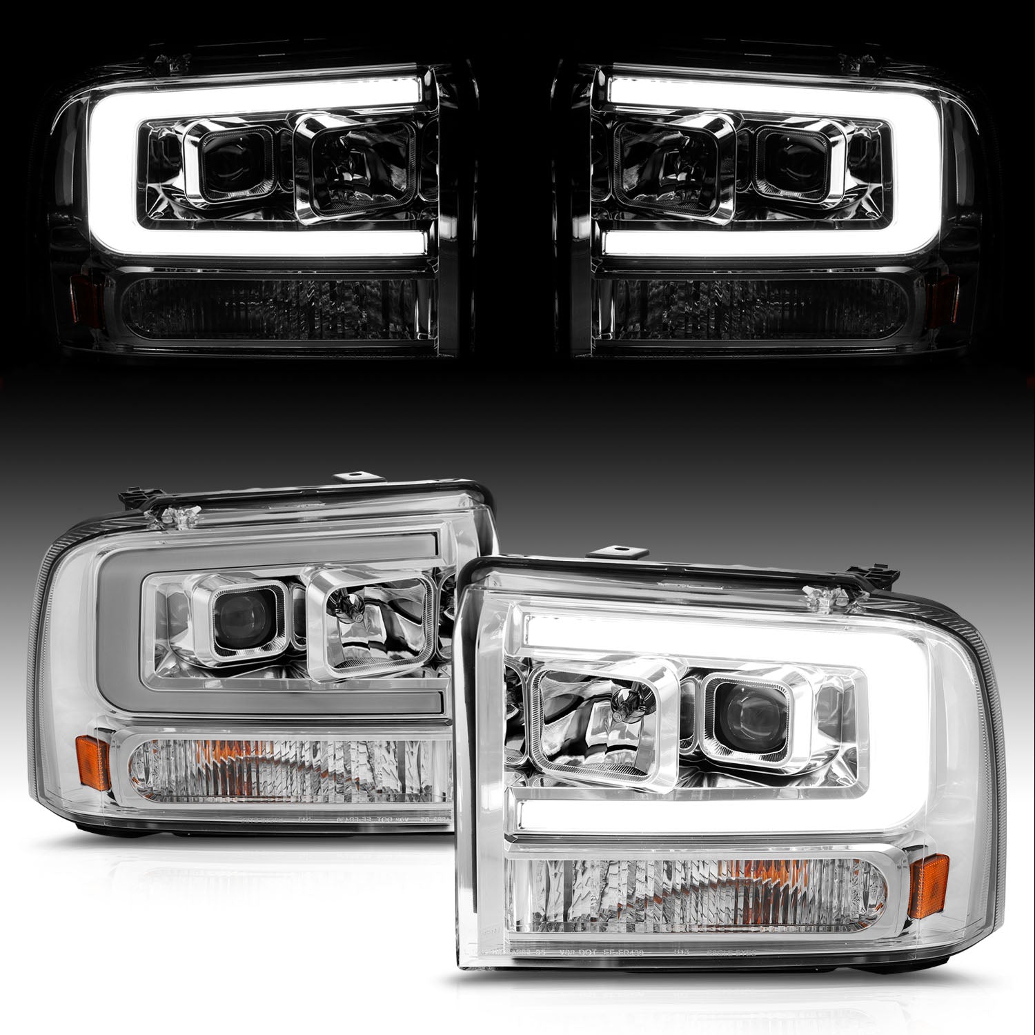 FORD F-250/350/450/550 SUPERDUTY 05-07/EXCURSION 2005 PROJECTOR HEADLIGHTS CHROME AMBER (W/ C LIGHTS BAR)