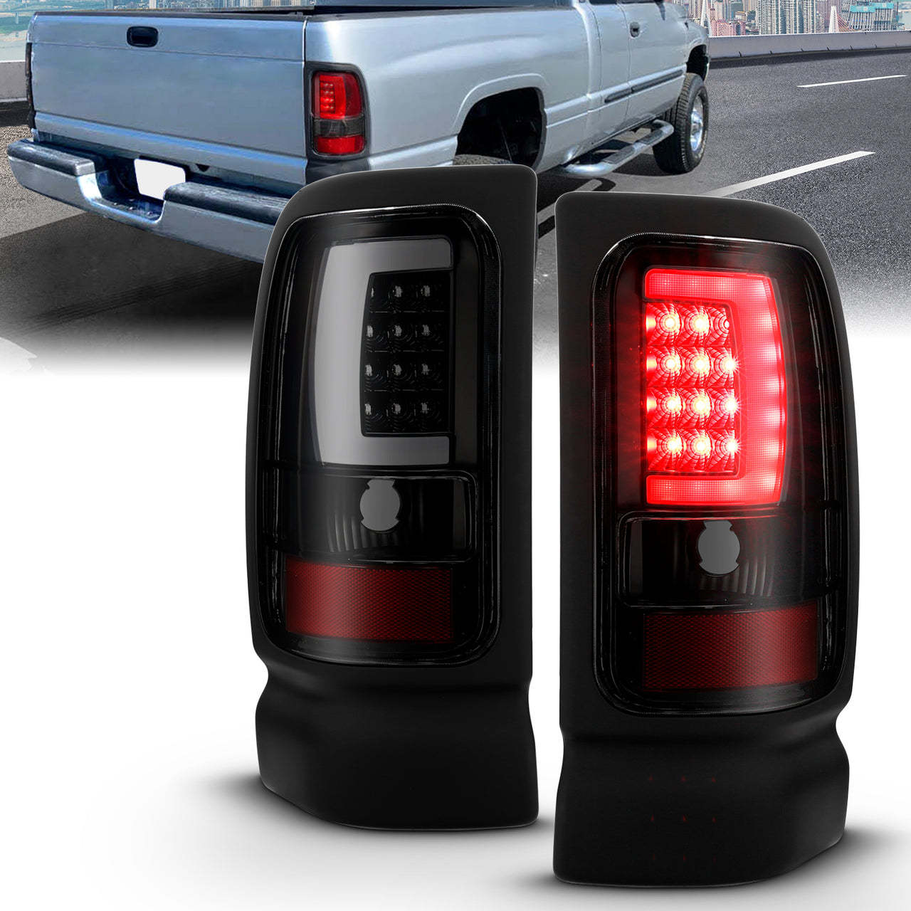 DODGE RAM 94-01  LED TAIL LIGHTS BLACK HOUSING SMOKE LENS W/ C LIGHT BAR
